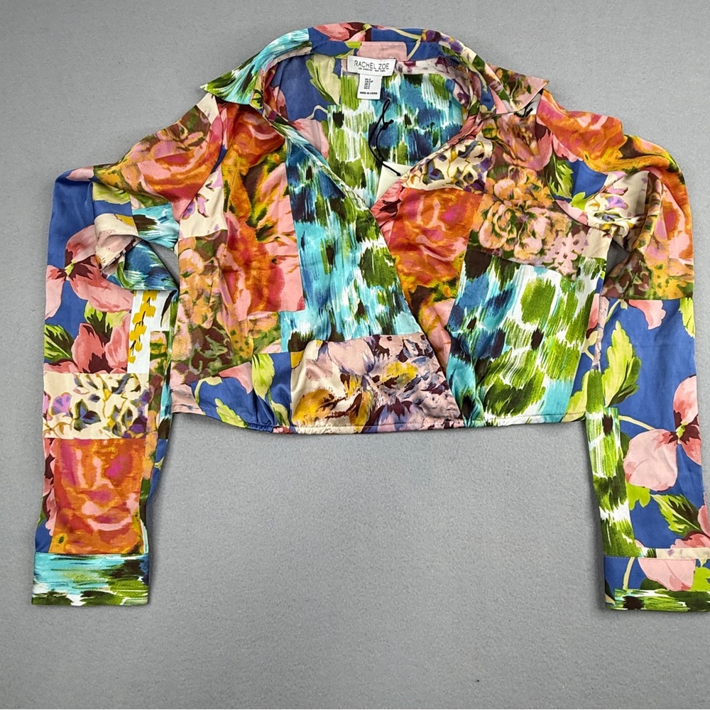 Rachel Zoe NWT Floral Patchwork Crop Blouse Small Long Sleeve Multicolor